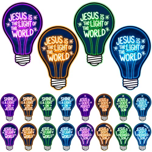 Sabary 16 Pcs VBS 2026 Light Bulb Cutouts Illumination Decorations 7.8x12.2 Inch Christian Jesus Neon Light Bulb Paper Cutout Set for VBS Church Decorations Bulletin Board Craft Classroom Wall Decor