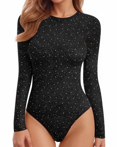 MANGOPOP Women's Sparkly Colored Crew Neck Bodysuit Long Sleeve Slim Fitted Body Suit Basic Fall Shirts Tops Outfits, Colored Sparkly Black, Medium