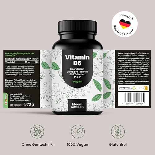 Vitamin B6 P5P hochdosiert - 25mg pro Tablette - 365 Tabletten - Laborgeprüft, Vegan & produziert in Deutschland - Verpackung kann variieren