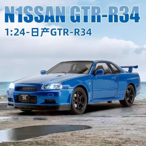 Image of 1:24 Nissan Skyline GT-R R34 Diecast Model Car, Pull Back Toy with Sound & Light, Collectible for Kids & Adults (Blue)