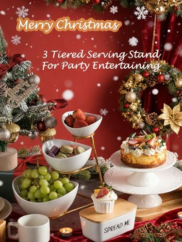 Gomakren 3 Tiered Oval Serving Bowl with Collapsible Metal Rack, Chip and Dip Serving Set, Dessert Appetizer Bowl Set (45oz / 17.5oz / 7oz), White Serving Bowls For Entertaining (Gold Stand) - Image 6