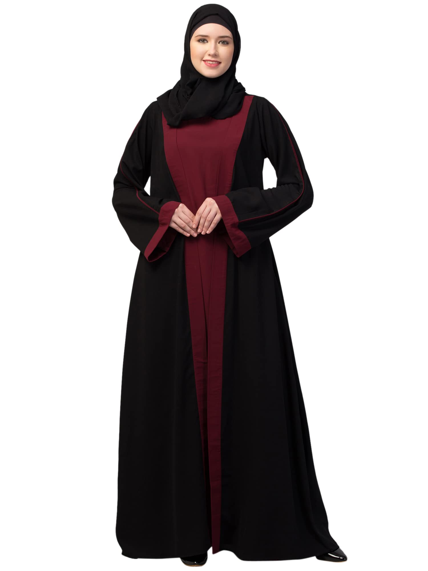 Dual Layer Abaya Dress with attached Shrug and Pipin On Sleeves Made in Nida Matte Fabric with Side Pocket - Dubai Style Burqa for Women and Girls-image-4