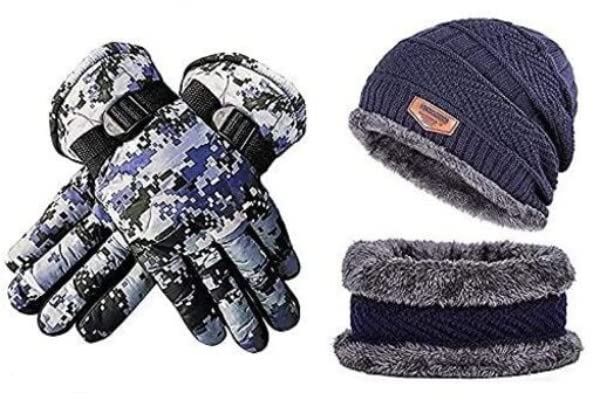 Crystal Zone Winter Soft Warm Snow Proof Cap Woolen Beanie Cap, Scarf with Hand Gloves for Men & Women (Free Size)(Blue)