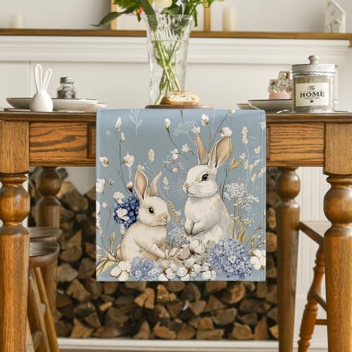 Artoid-Mode-Bunny-Rabbit-Hydrangea-Happy-Easter-Table-Runner-Seasonal-Spring-Kitchen-Dining-Table-Decoration-for-Home-Party-Decor-13×72-Inch Artoid Mode Bunny Rabbit Hydrangea Happy Easter Table Runner Seasonal Spring Kitchen Dining Table Decoration for Home Party Decor 13×72 Inch