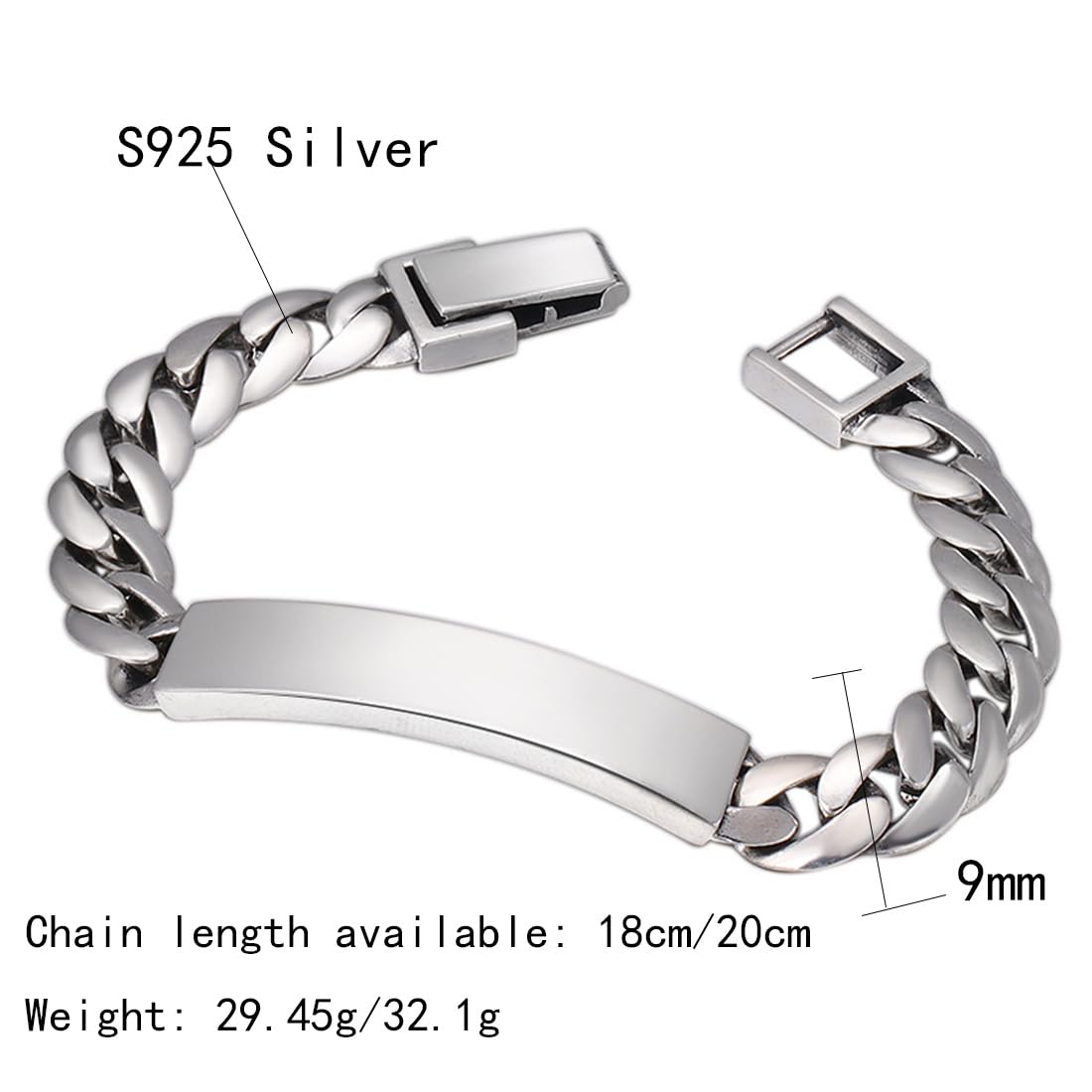 S925 Bracciale A Catena Cubano Semplice in Argento Sterling, Moda Maschile E Femminile Personalizzata Bracciale A Maglie Cubane,Argento,20cm