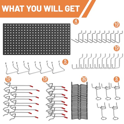 4-Pack-Metal-Peg-Board-Panels-with-Hooks-Pegboard-Wall-Tool-Organizer-for-Garage-84pcs-Peg-Board-with-Accessories-24X12
