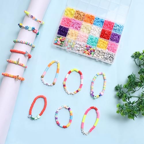 Image of ambitieux DIY Bracelet Making Kit - 24 Colorful Beads, 10m Elastic Thread, Jute Bag, and Cutter - Gift for Girls Birthdays (Clay Beads 3)