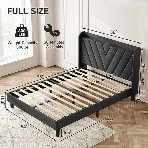 Image of koorlian Full Size Bed Frame, Full Bed Frame with Headboard, Adjustable Upholstered Bed Frame with Type-C&USB Port, Wingback Storage Headboard, Noiseless, No Box Spring Needed, Dark Gray