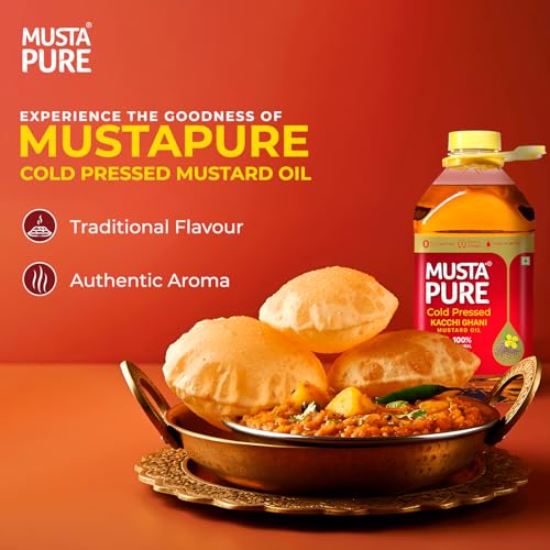 Image of Musta Pure Cold Pressed Kachi Ghani Mustard Oil 2 Litre Cooking Oil, Unrefined, Naturally Cholesterol Free, A1 Grade Real Seeds For Natural Aroma & Flavour For Roasting, Frying, Baking - PET Bottle