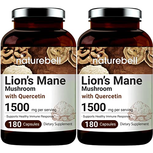 NatureBell Lions Mane Quercetin Supplements, 1500mg Lion's Mane Plus 25mg Quercetin Per Serving, 180 Capsules, 2 in 1 Formula, Supports Immune System and Brain Health, Non-GMO, Pack of 2