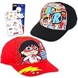 RYAN'S WORLD 2 Pack Baseball Caps for Boys 4-6, Multicolor, Adjustable, Officially Licensed, Includes Stickers & Door Hanger