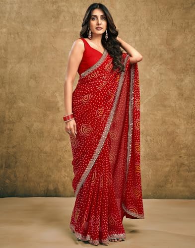 Image of SIRIL Women's Georgette Bandhani Printed Saree, Traditional Wedding Sarees For Women With Unstitched Blouse Piece