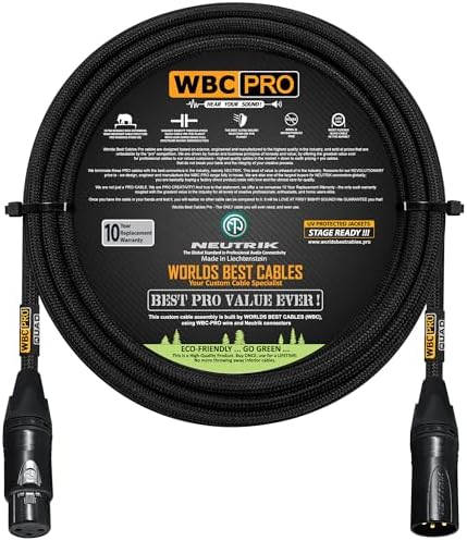 10 Foot - WBC-PRO-Quad Ultra-Silent Ultra-Flexible Balanced Star-Quad Cable with Neutrik Male & Female XLR Plugs & Black Tweed Jacket