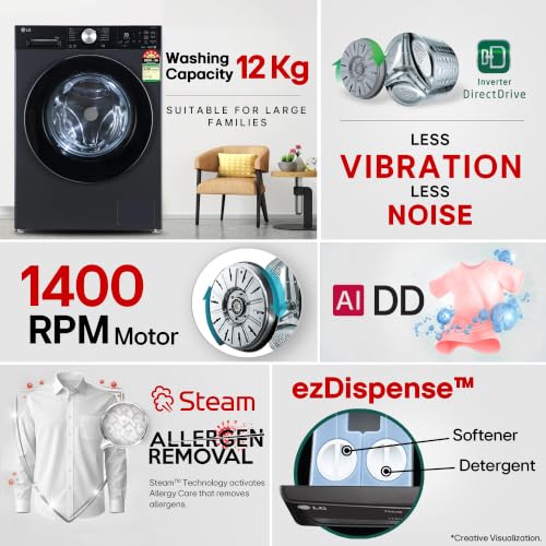 Image of LG 12 Kg, 5 Star, AI DD Technology, Steam Wash, Wi-Fi, 6 Motion DD, Fully-Automatic Front Load Washing Machine (FX1412A5ED, Allergy Care, Ez-Dispense, TurboWash 360˚, 2026 Model, Essence Graphite)