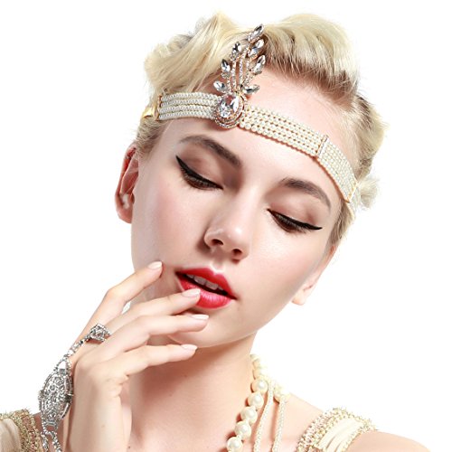 BABEYOND 1920s Flapper Headband Great Gatsby Headpiece 1920s Flapper Gatsby Accessories Vintage Bridal Headband with Crystal Pearl (Gold)