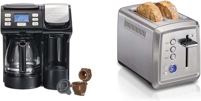 Hamilton Beach FlexBrew Trio 2-Way Coffee Maker, Compatible with K-Cup Pods or Grounds & 2 Slice Toaster with Extra-Wide Slots, Bagel Setting, Toast Boost