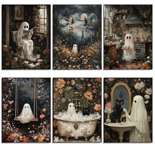 6 Pcs Halloween Ghost Pictuers Wall Decor Vintage Halloween Art prints Cute Ghosts Black Cat Bathroom Wall Decor Retro Horror Creepy Dark Academia Poster for Living Room Bedroom 8 * 10(Poster No Framed)