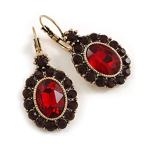 Boucles d'oreilles pendantes ovales cristal rouge sans risque de perte fermoir dormeuse