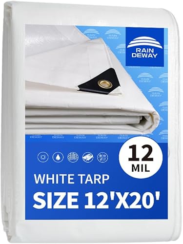 Lona blanca resistente de 12 mil de 12 x 20 pies, resistente a los rayos UV, impermeable, resistente a la intemperie, con ojales de metal y bordes