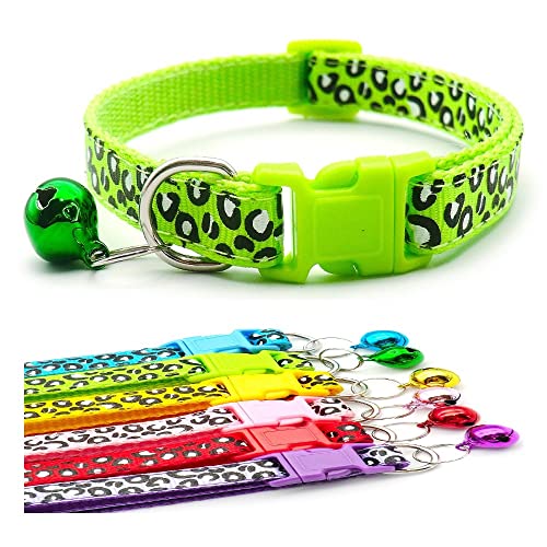 Small Dog Puppy Pet Collar Leopard Animal Print Design with Bell Nylon Adjustable Size 19-32cm Green