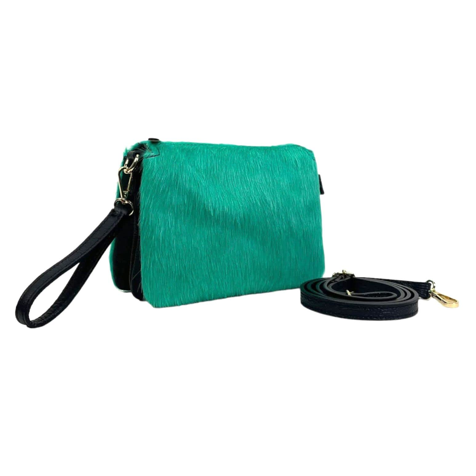 Bolso Bandolera de Piel Auténtica para Mujer, 3 Compartimentos con Estampado Animal Print con Pelaje Natural, con Correa Ajustable y Extraíble