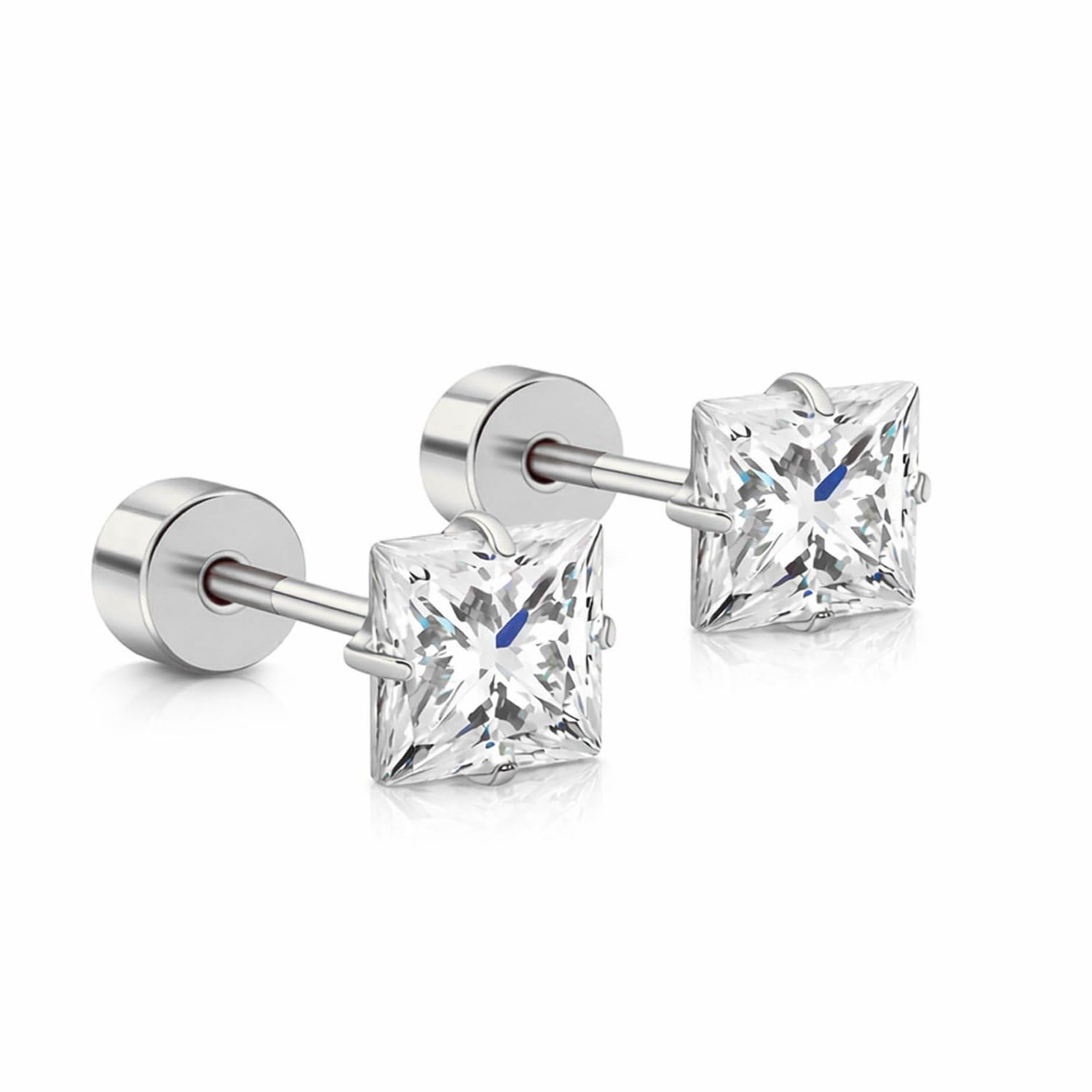 VAMA FASHIONS 4mm 18K Silver Plated Stainless Steel Anti Tarnish Square Shape Piercing Ear Stud Flat Back Screw Lightweight Hypoallergenic Studs Earrings for Men & Boys-picture-12