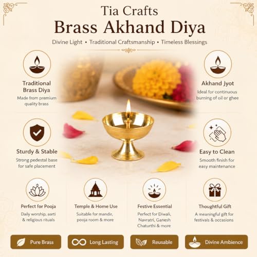 Image of Tia Crafts Akhand Diya Decorative Brass Diya, Brass Niranjan Diya for Pooja Plate, Brass Oil Lamp for Mandir, Daily Pooja & Festivals | Size - Large