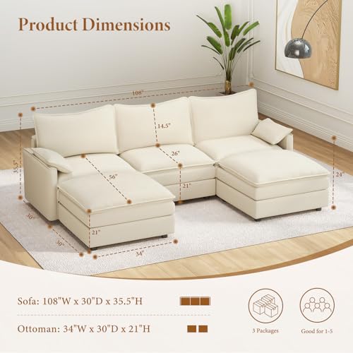 Image of Vesgantti 108 inch Cloud Couch Sectional, U-Shaped Modular Sofa, 3+2, Beige | Modern Chenille, Cloud-Like Comfort, Deep Seat, Modular Sectional Sofa, Sectional Living Room Couches for Apartment