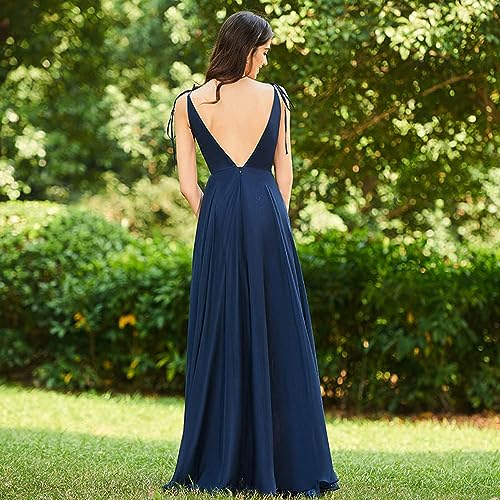 Image of HSFIYAKJ Bridesmaid Dresses Long Chiffon Formal Dress Open Back V Neck Evening Prom Gown for Women with Pockets