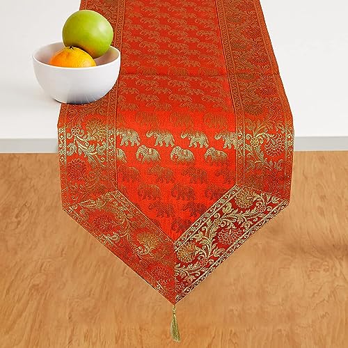 Image of Traditional Brocade Silk Table Runner for Living Room 4 to 6 Seater Dining Table Runner Elephant End Tassels 14x80 Inches (Orange)
