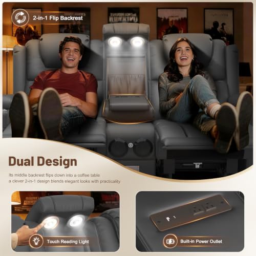 Image of Power Loveseat Recliner Sofa with Console, Wall Hugger Reclining Loveseat with Reading Light, Home Theater Seating with LED Lights, Zero Gravity Recliner Couch for RV Couch and Living Room