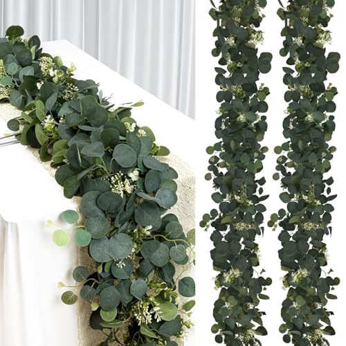 DEYIXUN 2Pcs 6FT Eucalyptus Garland Green Garland with Flowers Artificial Faux Greenery Vines for centerpieces Wedding Party Table Runner Room Home Mantle Decor