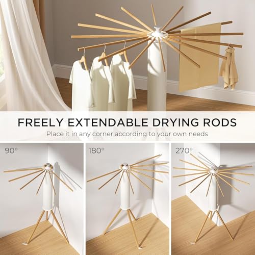 Image of JD FRESH 360 Rotating Cloth Drying Rack /16 Wooden Foldable Cloth Hanging Stick /Space Saving Stand for Cloth Drying /Tripod Portable Laundry Hanger for Balcony /Bathroom (White)