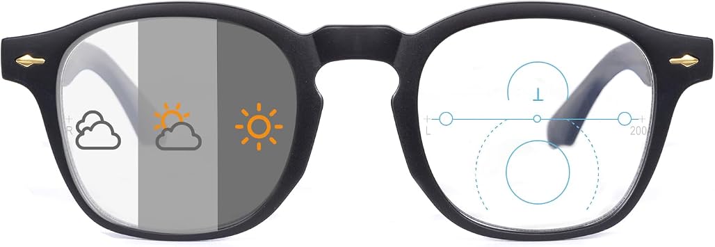 OKH Photochromic Progressive Multifocus Reading Glasses Blue Light Blocking for Men Women Varifocal Rectangle Eyewear Sun Readers with Spring Hinge Black +1.0
