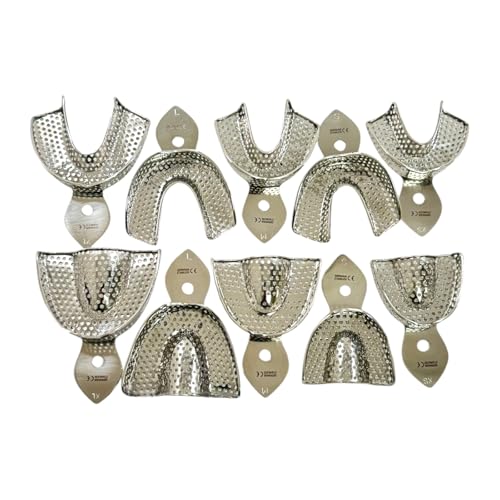 10pcs Denture Impression Trays, Metal, Perforated Design, Upper + Lower, Reusable Autoclave Safe Stainless Steel - XS, S, M, L, XL