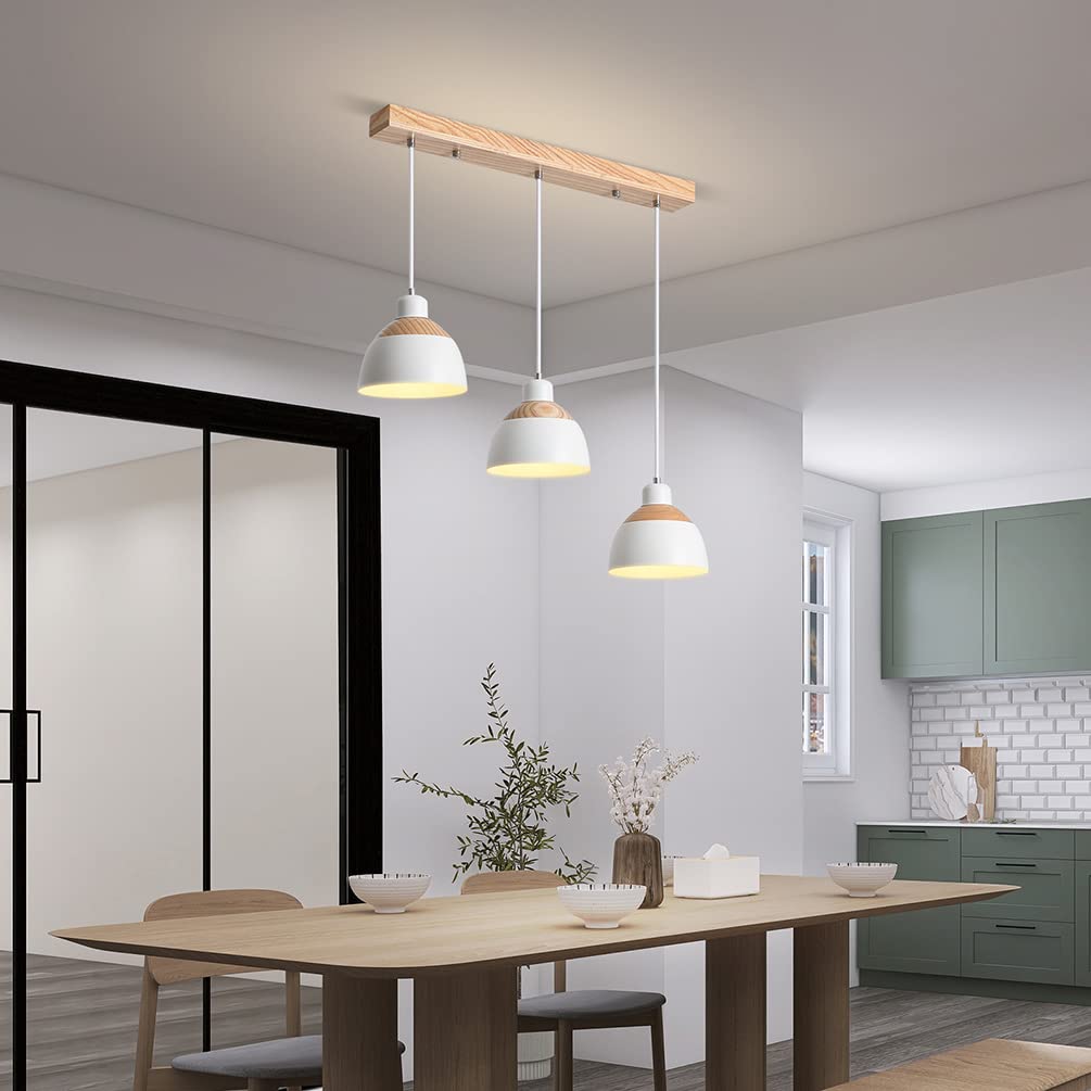 Retro Holz Hängeleuchte 3-Flammig Esstischlampe Weiß Metall Pendelleuchte Industrie Höhenverstellbar Hängelampe für Esszimmer Küche Cafe Theke Innen Büro Pendellampe,E27