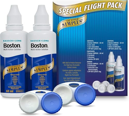 Boston Simplus Travel Contact Lens Solution, 2X 60ml Flight Pack Size, Multi-Action Solution for Rigid Gas Permeable Contact Lenses, Clean, Disinfect & Condition, 2X Lens Cases for Travel Convenience