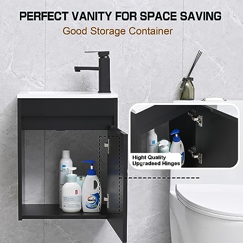 16" Bathroom Vanity Sink Combo for Small Space, Wall Mounted Bathroom Cabinet Set with White Resin Basin Sink Top Black Faucet Pop Up Drain Black
