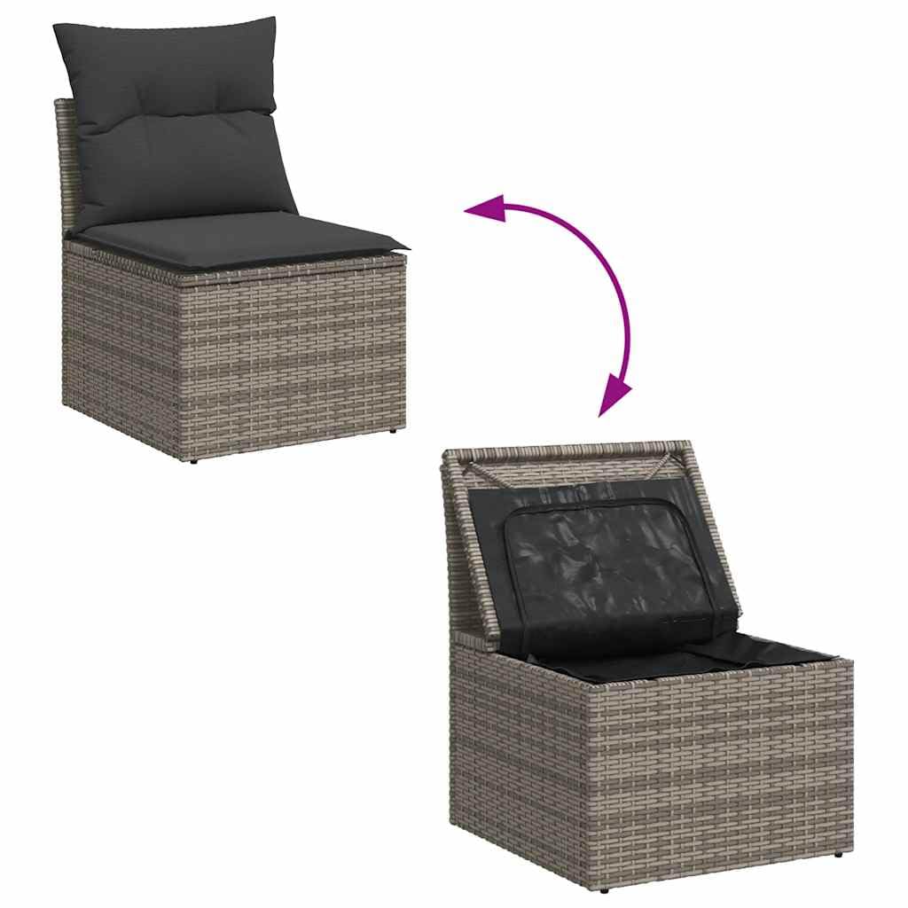 Divano da Giardino 7 Pezzi, con Custodia Integrata per Cuscini, Tavolo Regolabile in Altezza, Polyrattan PE Grigio su Struttura in Acciaio, Cuscini Sfoderabili e Lavabili, per Esterno, Terrazza e Pati