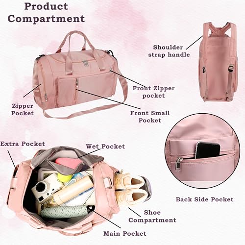 Image of Storite Nylon 52 Cm Travel Bag for Woman with Dry and Wet Separate Pocket, Duffle Bags for Travelling Waterproof Backpack Carry Luggage Bag with Shoe Compartment (Pink, 52 x 23 x 25 cm)