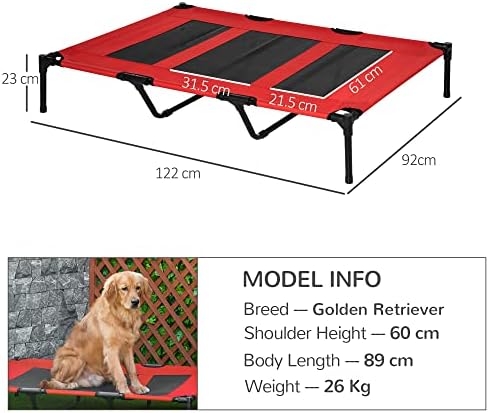 PawHut Raised Dog Bed Cooling Elevated Pet Cot with Breathable Mesh for Indoor Outdoor Use Red, XX Large, 122 x 92 x 23cm