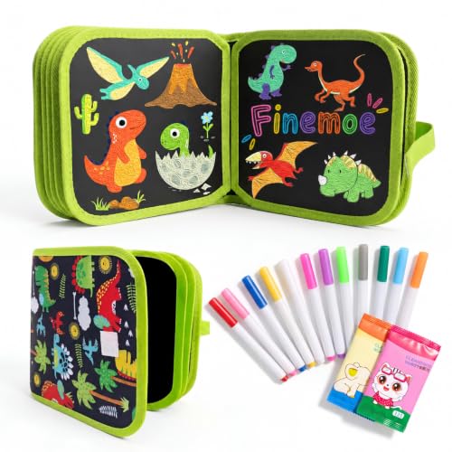 Image of FINEMOE Erasable Doodle Book for Kids, Reusable Drawing Coloring Book with Watercolor Sketch Pens and Wipes, Mess Free Painting, Travel Toy, Magic Slate for Kids 2-14 Years (Blue Dinosaurs)