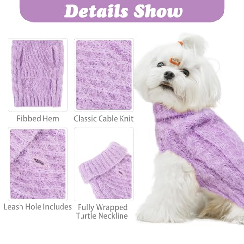 Image of Turtleneck Small Dog Sweaters - Classic Cable Knitwear Winter Coat for Small Medium Dogs Male Female Puppy Dog Cold Weather Clothes Girls Boys, Purple, M
