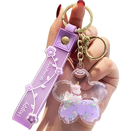 Hsyhere Women Girls Beautiful Elegant Dreamy Horse Cherry Blossom Sakura Bottle Keychain Flowing Sand Keychain, Romantic Fresh Spring Summer Moving Sand Leaves Keyring Bag Pendant Car Key -Purple #TOP16