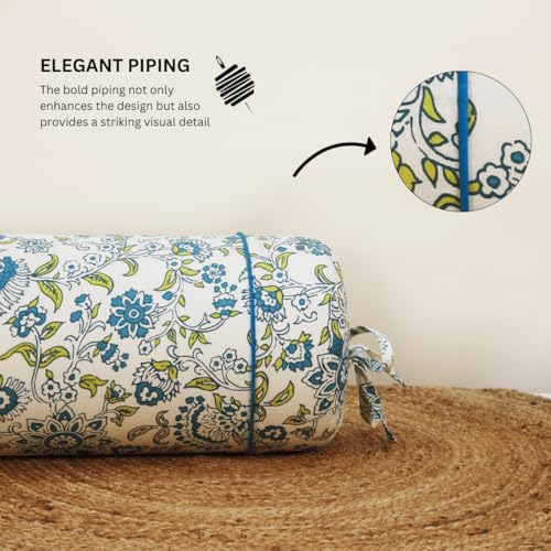 Image of AURAVE Cotton Printed Floral Bolster Cover with Drawstring Closure, Set of 2, Soft Breathable Durable Machine Washable for Sofa Bed & Home Decor, 15 inchx30 inch, Blue | Cover Only