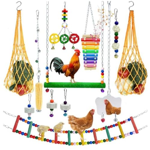 SHITOOMFE Giocattoli di pollo per coop, giocattoli di pollo per coop, 1 set arricchimento colorato a catena più lunga con swing xilofono Swing a corda corda vegetale frutta specchio spiedini macinatu