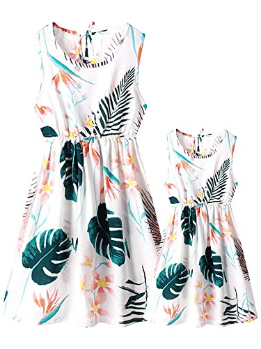 SHOOYING Mommy and Me Dress, Sleeveless Floral Printed Family Matching Hawaiian Beach Midi Dresses2