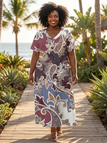 Image of Plus Size Maxi Dress for Women Short Sleeve V Neck Casual Loose Sundress with Pockets