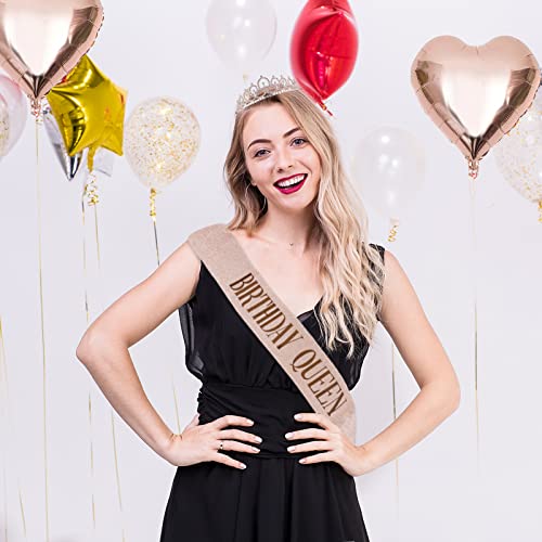 Frigatebird Birthday Girl Sash & Rhinestone Tiara Crown With Cake Topper Brooch Balloons For Women Girls Birthday Gift Kit Glitter Decoration Supplies Party Favors, Rose Gold #TOP1