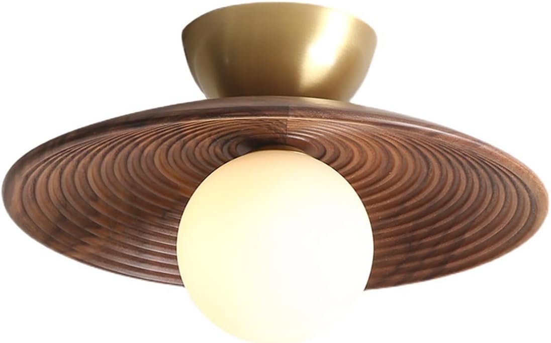 Gold Brass Ceiling Light 1-Light Vintage Walnut Wood Flush Mount Light Milk Glass Globe Close to Ceiling Light Fixture Mid Century Semi Flush Lamp for Hallway Living Room Entryway
